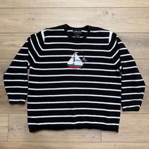 Vintage Sag Harbor Woman Striped Sailboat Beach Sweater Nautical Black White 2X